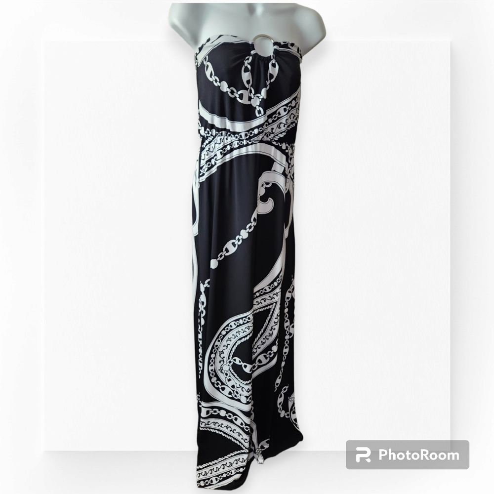 WHBM Black and White Chain Print Strapless Maxi Dress size XXS